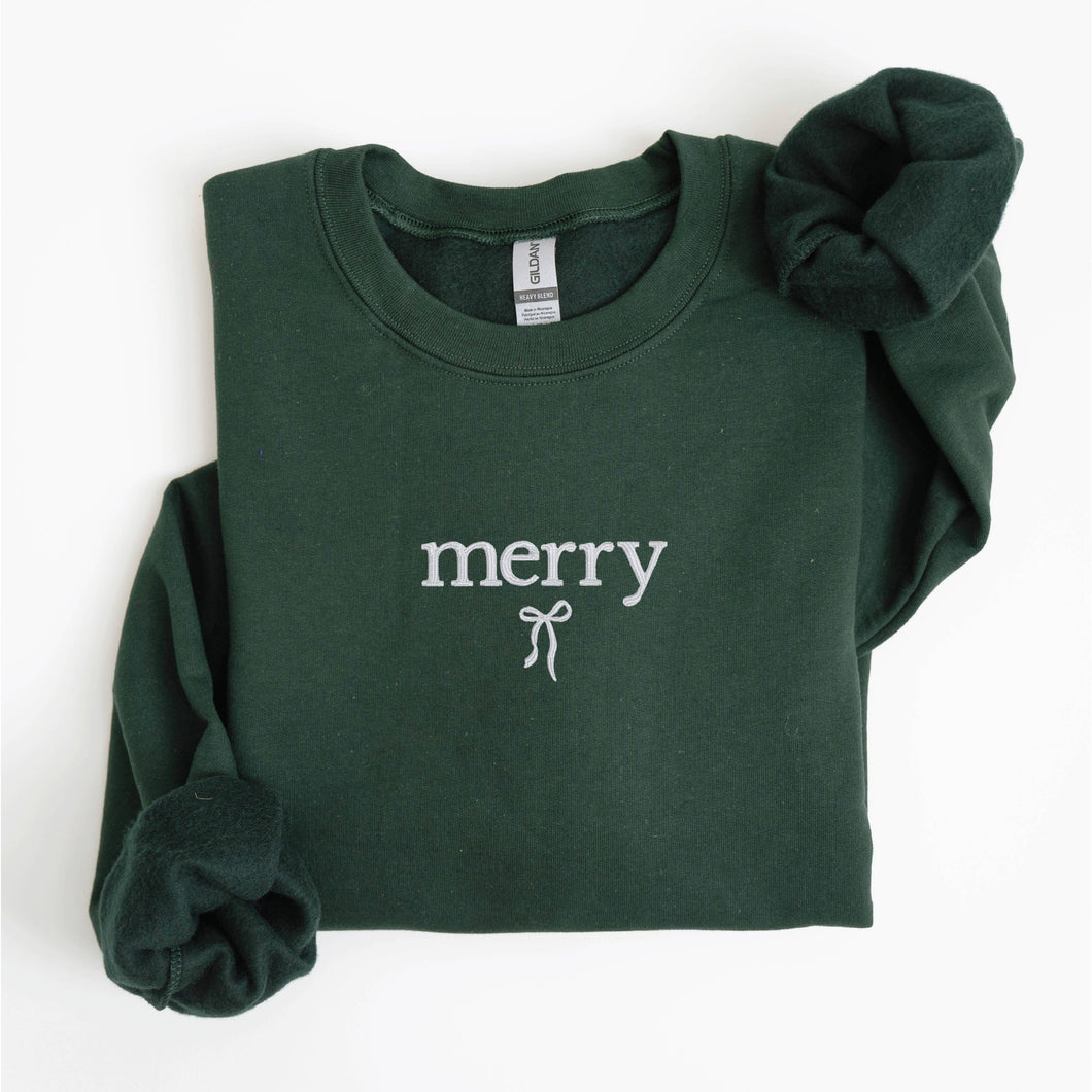 Embroidered Christmas Sweatshirt – Forest Green with Bow